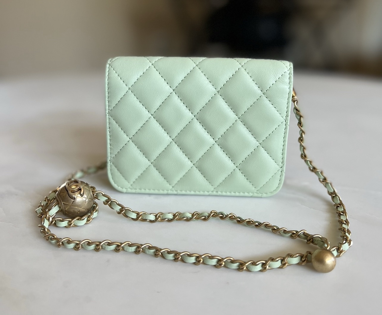 Chanel Metallic Green Quilted Caviar Classic Long Zip Pouch Pale Gold Hardware, 2018 (Very Good), Womens Handbag